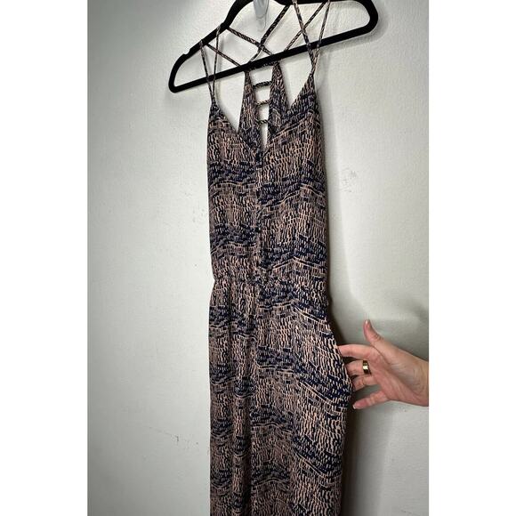 Fora Tan & Navy Front Button Strappy Decorative Back Wide Leg Jumpsuit Small - Picture 3 of 16